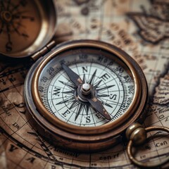 Fototapeta na wymiar Vintage compass on an old world map for historical exploration