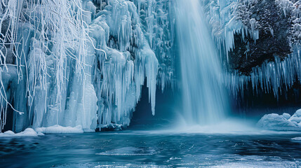 A waterfall frozen in time ice formations surrounding the still water.