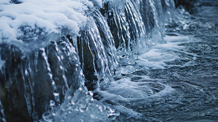 A waterfall frozen in time ice formations surrounding the still water. - obrazy, fototapety, plakaty