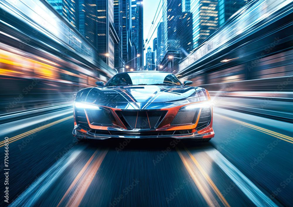 Poster the fast car on the road with motion blur to create a visual effect.