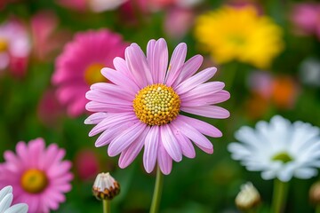 Obraz premium Beautiful Vibrant Pink Daisy Blooming in Lush Garden with Vivid Yellow and White Flowers in Soft Focused Background