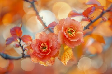 Beautiful Vibrant Orange Flowers Blooming on Branches with Autumn Leaves against Soft Bokeh Background in Nature