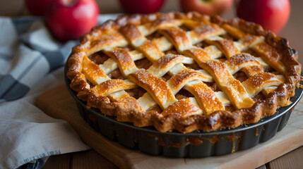 Homemade Lattice Apple Pie on Wooden Table with Fresh Apples in Background