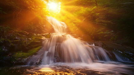 A waterfall softly illuminated by the golden light of sunrise casting a warm glow over the scene. - obrazy, fototapety, plakaty