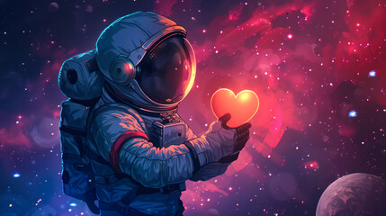 Cute Astronaut Holding Heart in open space. Love Universe, cosmos. Cosmonautics day greeting card, lovely cosmic poster. Cartoon Illustration. Spaceman explore gravity. Copy space - obrazy, fototapety, plakaty