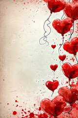 Image of red hearts with black lines connecting them and red balloons with black strings attached to them.