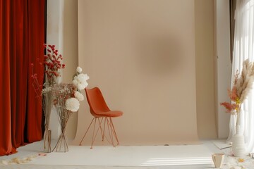 Modern photo studio interior in cozy style in brown, red and white colors