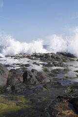 onda che si schianta sulle rocce della costa, scogli, con schizzi, spruzzi d'acqua che si proiettano per vari metri,dati dalla forza dell'impatto, onde dell'oceano atlantico,scattate a fuerteventura