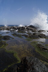 onda che si schianta sulle rocce della costa, scogli, con schizzi, spruzzi d'acqua che si proiettano per vari metri,dati dalla forza dell'impatto, onde dell'oceano atlantico,scattate a fuerteventura