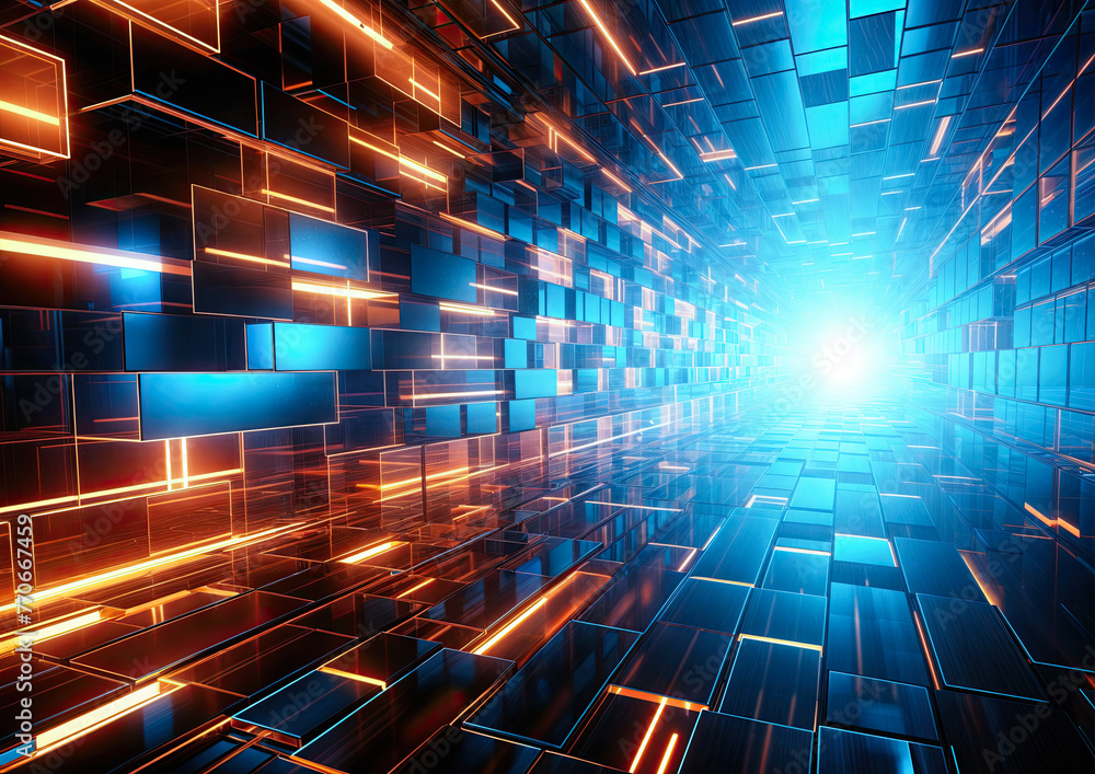 Poster abstract technology background with glowing cubes. 3d rendering, 3d illustration.