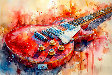 Guitar is painted in red white and blue with yellow background.