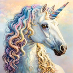 cute rainbow Pegasus unicorn illustration, Rainbow colors Hair, fantasy magic cartoon unicorn with mane and horn on heaven background. Close up.