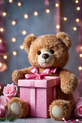 Teddy bear holding present with pink wrapping paper.