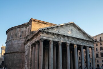 Pantheon under the sunlight and a blue sky in Rome, Italy