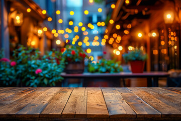 Table sits in front of bunch of flower pots that are all lit up by yellow lights. - obrazy, fototapety, plakaty