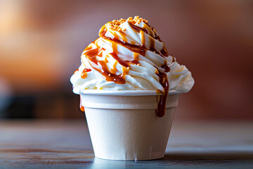 Cup of vanilla ice cream with caramel topping and drizzle.