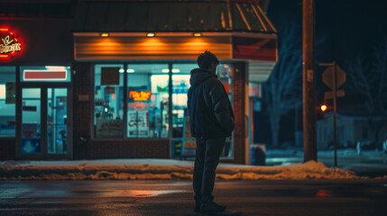 A young adult looking longingly at a closed liquor store at night reflecting personal struggle. - obrazy, fototapety, plakaty