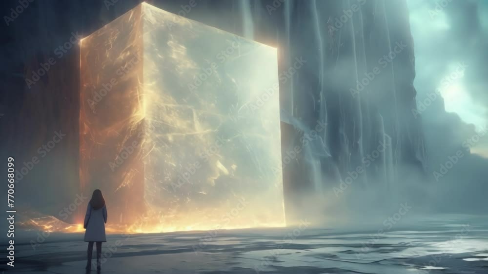 Poster rays of light emanate from a tesseract suspended in the air casting a mesmerizing glow on the person