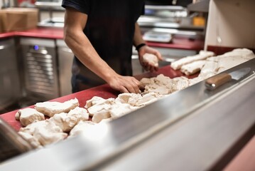 an image of a man rolling up donuts on a conveyer belt