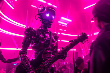 Robot with guitar is playing in dark room with pink lights.
