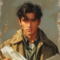 A man with messy hair is holding a piece of paper