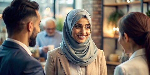 friendly young muslim business woman with colored headscarf stands in front of customers and gives customer advice - obrazy, fototapety, plakaty