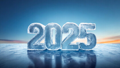 Number 2025 made of water ice on blue background. Cold figure. 3D rendering. Frozen year symbol.