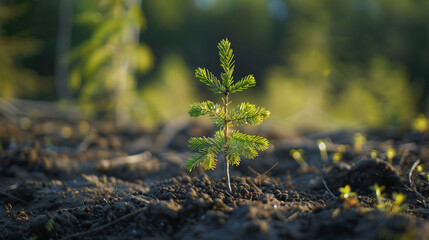 A young tree sapling being planted in a deforested area symbolizing reforestation and hope for recovery. - obrazy, fototapety, plakaty