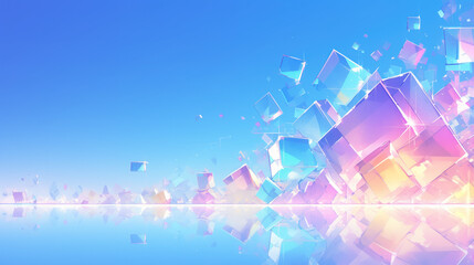 Bright, colored geometric crystals on an abstract background.  Blue background