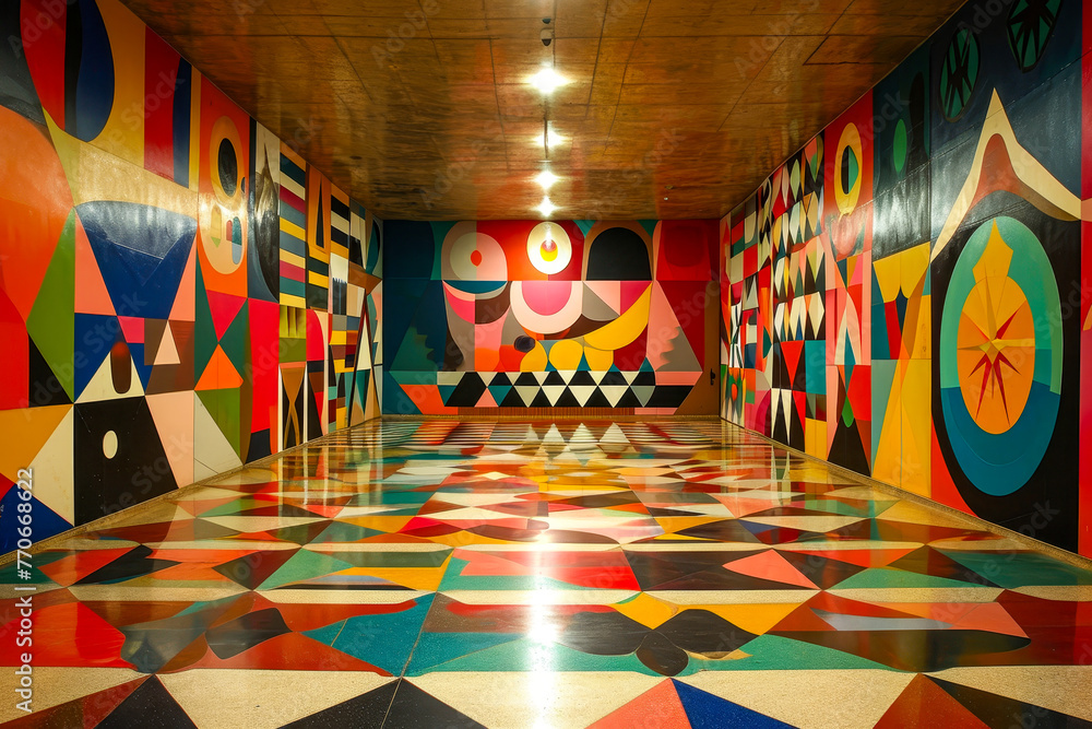 Sticker Long hall with colorful painting on one wall and abstract design on the other wall both of which reflect off the floor creating vibrant atmosphere.