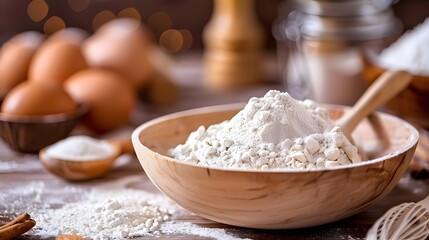 Baking Ingredients with Flour, Eggs, and Milk on Rustic Table with Warm Bokeh Lights