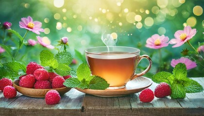 cup of herbal tea with raspberries on a table with flowers - obrazy, fototapety, plakaty