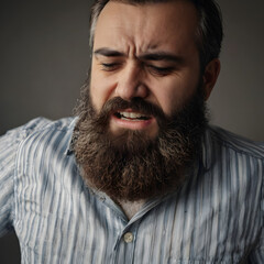 bearded man in office wear having chronic back pain face expressing aches