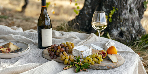 Picnic on the vineyard with a bottle of wine and a cheese board. AI generative. - 770669091