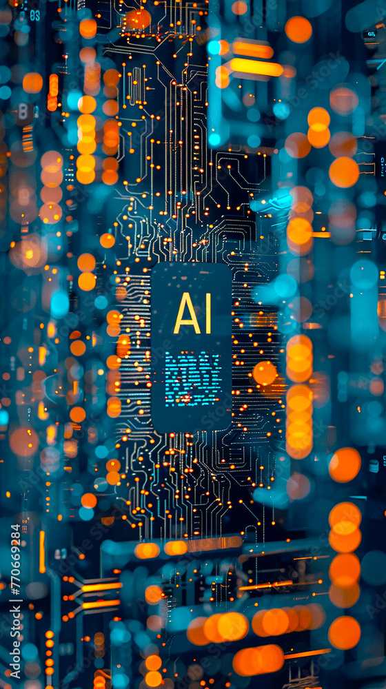 Poster a computer motherboard with a state-of-the-art ai processor. ai generative.