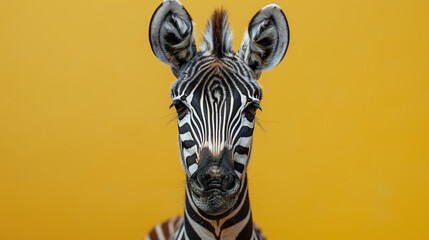 Portrait of a zebra on a yellow background with space for text