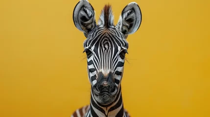 Tuinposter Portrait of a zebra on a yellow background with space for text © Aleksandra Ermilova