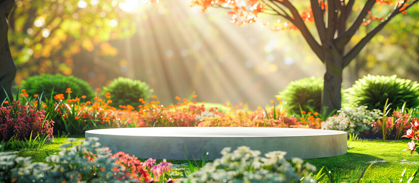 stage podium in the park with lush greenery and wild flower