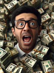 shocked male person face popping out of money flooded with cash notes 