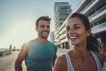 Couple, fitness and smile running in city for exercise, workout or cardio routine together sea...