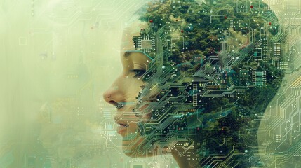 Conceptual artwork featuring a human head profile adorned with electronic chip elements, symbolizing the integration of technology into everyday life