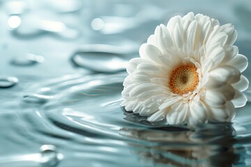 Gerbera rest on water, their reflection and ripples merging in a tranquil, cool hued still life