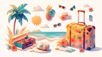 Colorful vacation-themed illustration featuring a palm tree, suitcase, beach, hat, sunglasses, pineapple, fruit plate and other travel accessories, rendered in a soft, warm palette