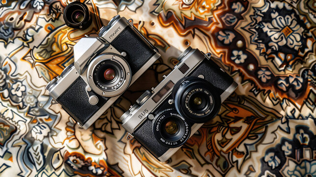 Compact mirrorless cameras alongside vintage film rolls on a patterned fabric.