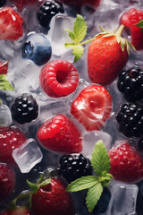 An assortment of colorful berries, raspberries, blackberries, blueberries, and strawberries, mixed with ice cubes in cold water. A close-up of a healthy frozen summer snack. AI-generated