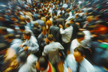High-angle shot of a crowded trading floor with brokers standing, signaling, and shouting, with abstract motion blur conveying the rush - obrazy, fototapety, plakaty