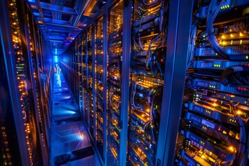 A high-angle shot of a data center showing rows of servers and wires; the infrastructure supporting data-driven operations, with blinking lights