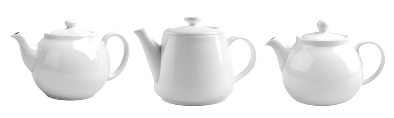 Fototapeta premium Set of three white porcelain teapots. Teapot on the transparent background.