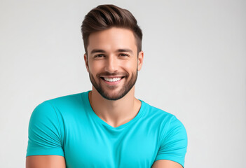 Smiling young Caucasian man with beard, wearing a turquoise t-shirt, representing concepts of...