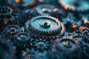 High-angle shot of abstract gears and cogs turning in synchronization, representing the synergy and efficiency of data-driven systems - obrazy, fototapety, plakaty